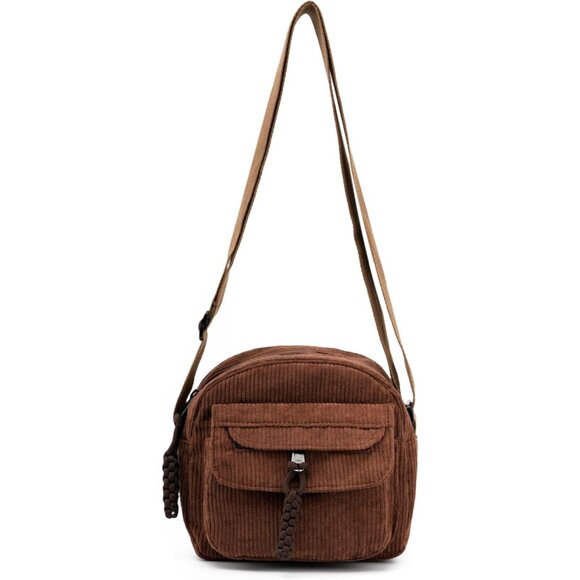 Small Brown Corduroy Crossbody Bag Mini Shoulder Purse with Zipper Pockets - Picture 1 of 6